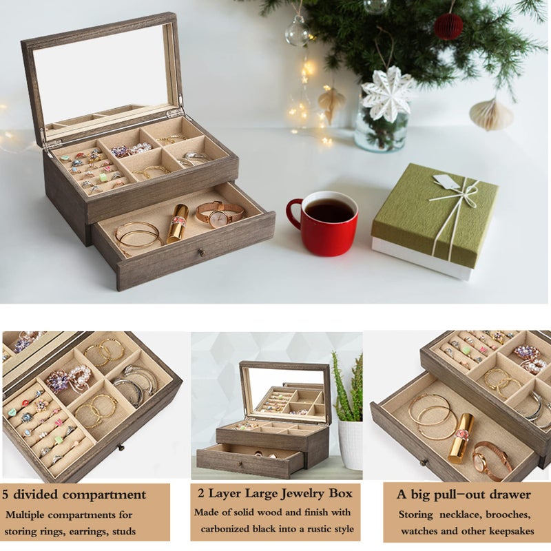 Meangood Jewelry Box Organizer for Women, 2 Layer Large Jewelry Storage Case, Rustic Wooden Jewelry Box with Mirror & Ring Tray for Necklace Earring Bracelets Rings, Vintage Style (Weathered Grey) - Image 2
